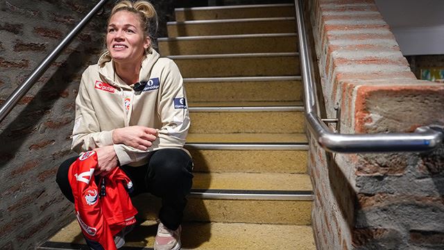 Fredrikstad 20240227. 
Veronica Kristiansen når Norges damelandslag i håndball møter pressen før de møter Østerrike i EHF EURO Cup i morgen og på søndag.
Foto: Beate Oma Dahle / NTB