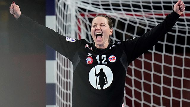 Norway's goalkeeper Silje Margaretha Solberg-Oesthassel celebrates during the final match of the Women's European Handball Championship between Denmark and Norway, in Vienna, Austria, Sunday, Dec. 15, 2024. (AP Photo/Petr David Josek)