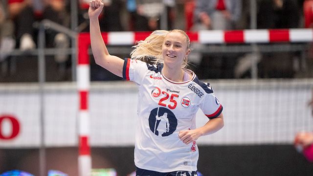 Norway's Henny Reistad reacts after scoring during the handball match between the Netherlands and Norway in the Golden League tournament in Holstebro, Denmark on Saturday, November 23, 2024. 