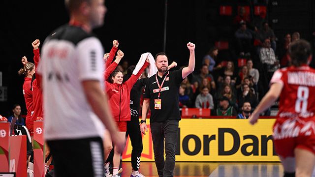 Switzerland's coach Knut Ove Joa reacts during the women's EHF 2024 European championship handball game between Switzerland and Faroe Islands at the St Jakobshalle in Basel on November 29, 2024. (Photo by SEBASTIEN BOZON / AFP)