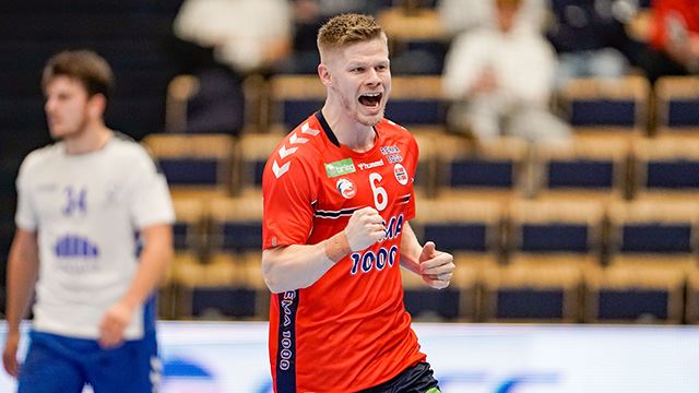 Vantaa, Helsinki, Finland 20221016. 
Norges Sebastian Barthold i aksjon under EM-kvalifiseringskampen i håndball mellom Finland og Norge i Energia Arena i Vantaa utenfor Helsinki i Finland søndag.
Foto: Håkon Mosvold Larsen / NTB