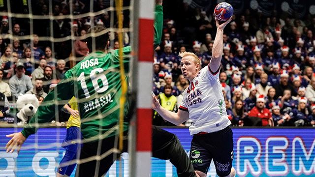 Trondheim 20230107. 
Kevin Maagerø Gulliksen under håndballandskampen mellom Norge og Brasil i Gjensidige Cup i Trondheim Spektrum lørdag.
Foto: Håkon Mosvold Larsen / NTB