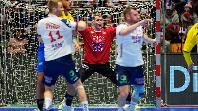 Trondheim 20230107. 
Norges keeper Kristian Sæverås under håndballandskampen mellom Norge og Brasil i Gjensidige Cup i Trondheim Spektrum lørdag.
Foto: Håkon Mosvold Larsen / NTB