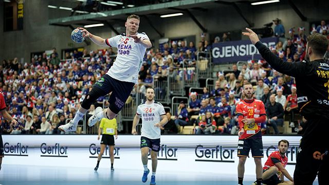 Sotra 20231105. 
Sebastian Hein Barthold under håndballkampen i Golden League Gjensidige Cup mellom Norge og Spania i Sotra Arena.
Foto: Stian Lysberg Solum / NTB