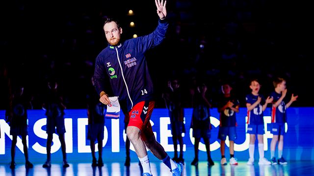 Sotra 20231102. 
Christian O'Sullivan før håndball Golden League Gjensidige Cup kampen mellom Norge og Danmark i Sotra Arena.
Foto: Stian Lysberg Solum / NTB