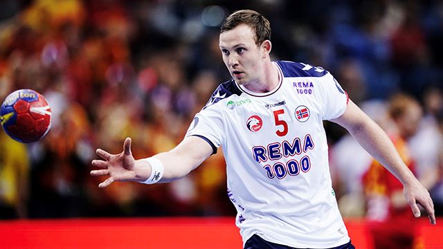 Norges Sander Sagosen i VM-kampen i håndball  for menn mellom Norge og Nord-Makedonia i Tauron arena.