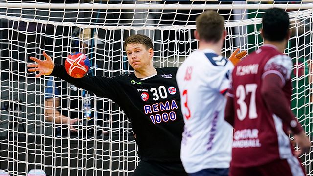 Krakow, Polen 20230121. 
Keeper Torbjørn Sittrup Bergerud i VM-kampen i håndball for herrer mellom Qatar og Norge i Spodek Arena i Katowice, Polen.
Foto: Stian Lysberg Solum / NTB