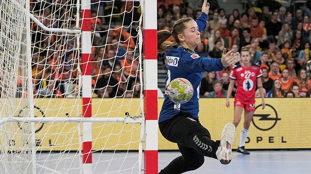 Eindhoven , Nederland 20230305. 
Norges målvakt Olivia Lykke Nygård under håndballkampen i Golden League mellom Norge og Tsjekkia.
Foto: Patrick Post / NTB