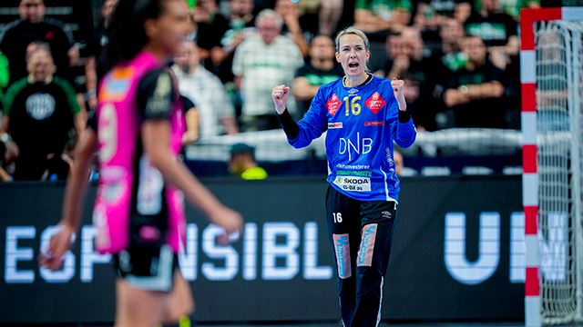 Budapest, Ungarn 20230603. 
Vipers målvakt Katrine Lunde under semifinalen i Champions League i håndball mellom Györ og Vipers i MVM Dome Budapest.
Foto: Beate Oma Dahle / NTB