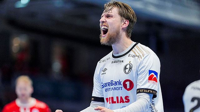 Trondheim 20240529. 
Elverums Simen Søgaard under tredje og siste finale i sluttspillet i håndball mellom Kolstad og Elverum i Kolstad Arena.
Foto: Ole Martin Wold / NTB